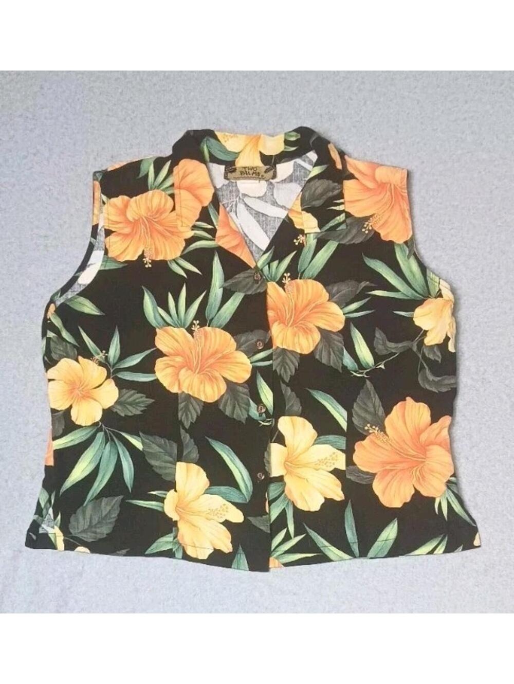 Two Palms Sleeveless Button Up Blouse Vest Womens Size XL Orange Hibiscus Flower